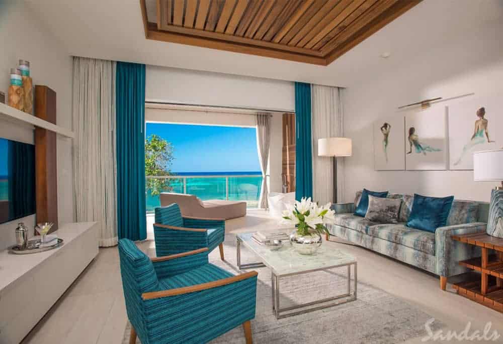 Seating area in suite overlooking ocean, Sandals Montego Bay, Jamaica