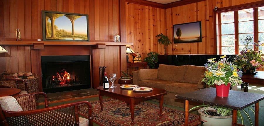 Living room with fire in fireplace at Stanford Inn