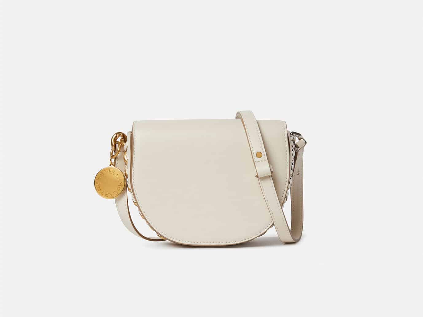 White vegan leather Stella McCartney shoulder bag with signature gold and silver chain