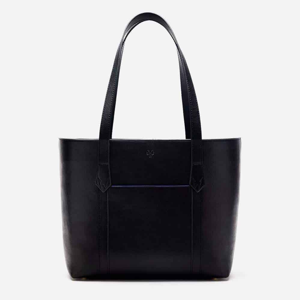 Black vegan leather tote bag with black straps