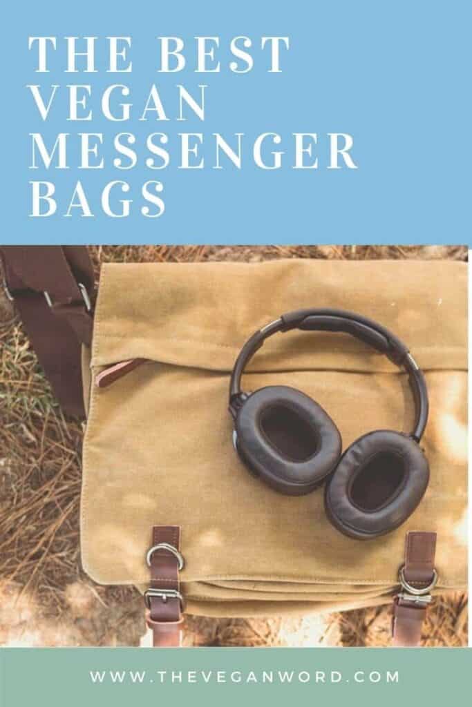 Pinterest image showing light brown canvas messenger bag on grass with headphones lying on it