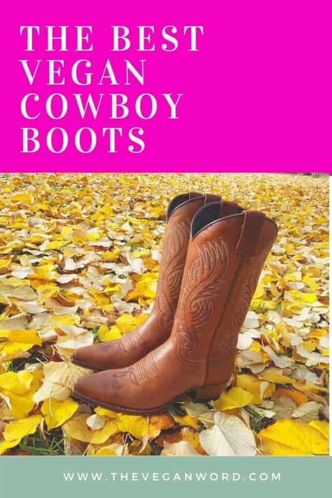 Pinterest image showing brown cowboy boots on yellow leaves