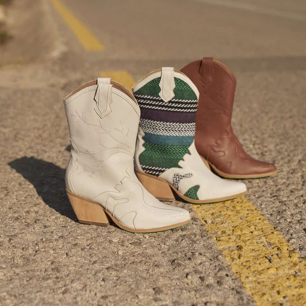 Three colours of vegan apple leather cowboy boots from A Perfect Jane