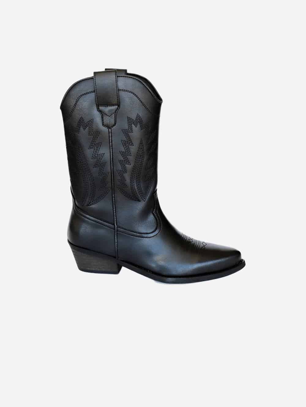 Black high top vegan leather cowboy boots with flame design