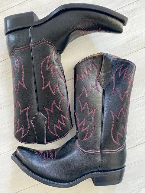 Black vegan leather cowboy boots  mens with red flame design from Kat Mendenhall
