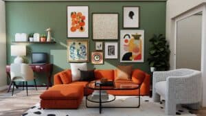 Orange sofa set against green wall, with glass and metal coffee table