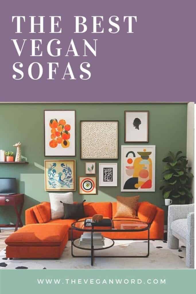 Pinterest image showing orange sofa with green wall, titled "the best vegan sofas"
