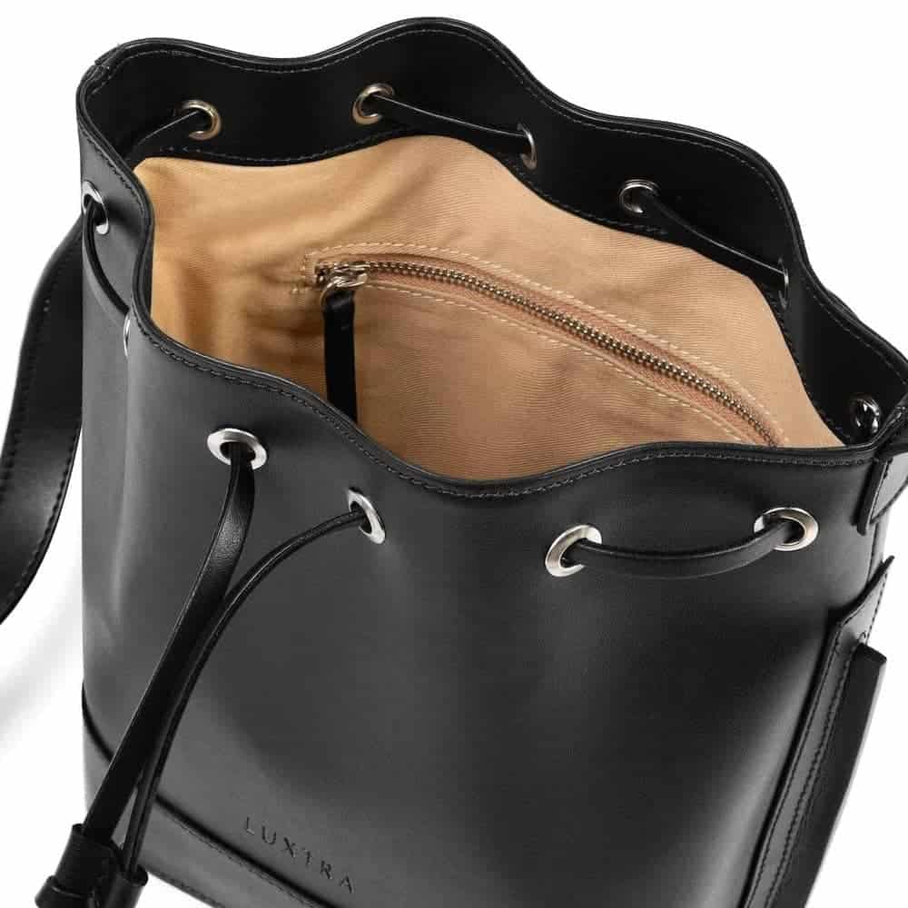 Inside of black vegan apple leather bucket bag