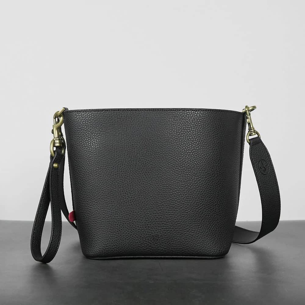 Black vegan leather bucket bag from Angela Roi