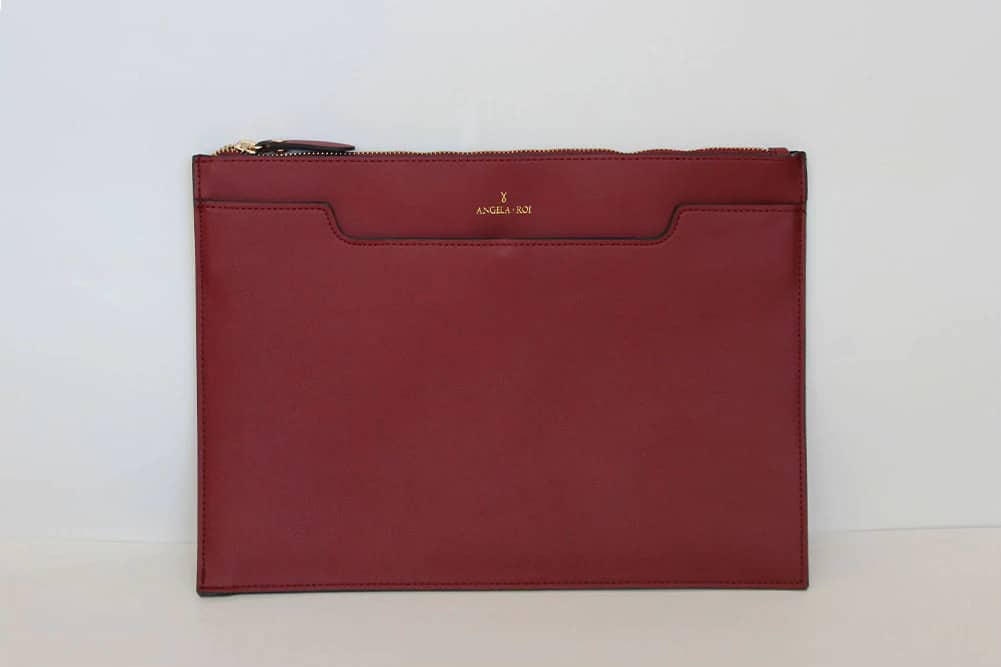 Wine coloured vegan leather clutch from Angela Roi