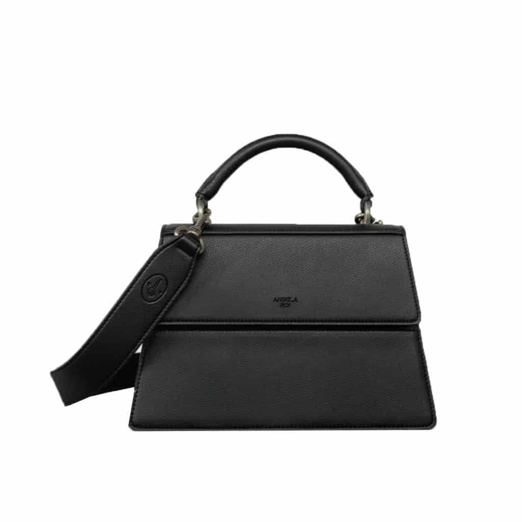 Black vegan satchel with top handle and long handle from Angela Roi