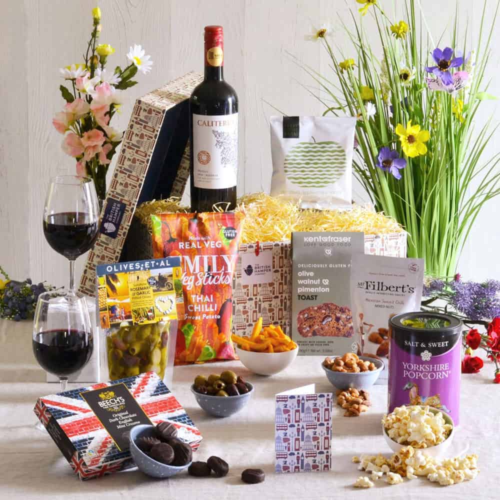 Luxury vegan gluten free hamper containing snacks, wine and more