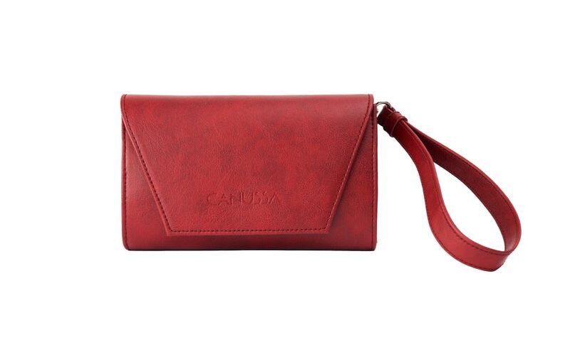 Red vegan leather hybrid card wallet, bum bag and clutch