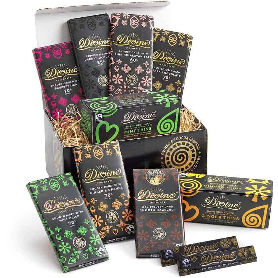 Box containing variety of different Divine chocolate bars