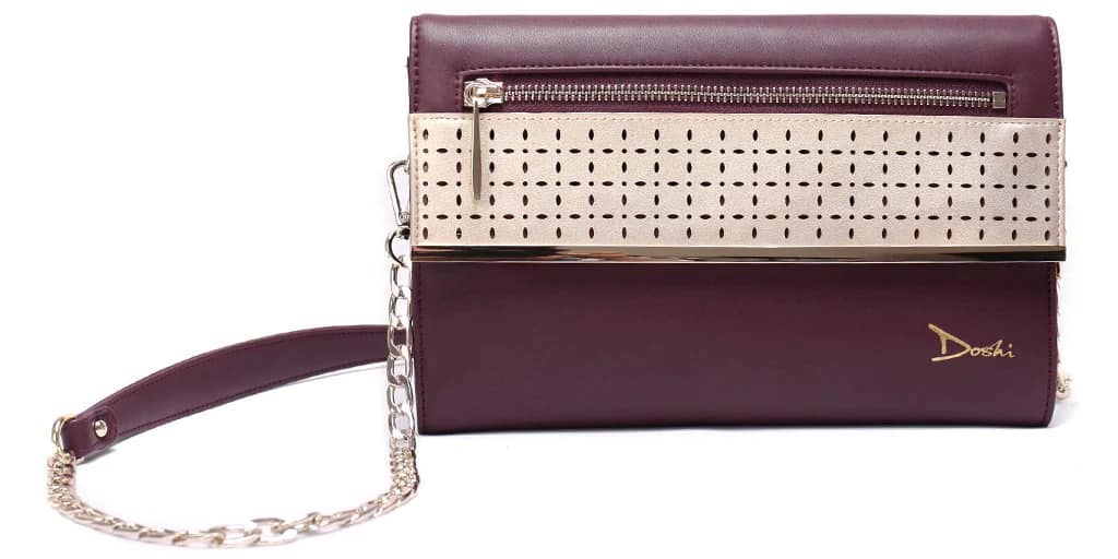 Dark red and gold vegan leather clutch from Doshi