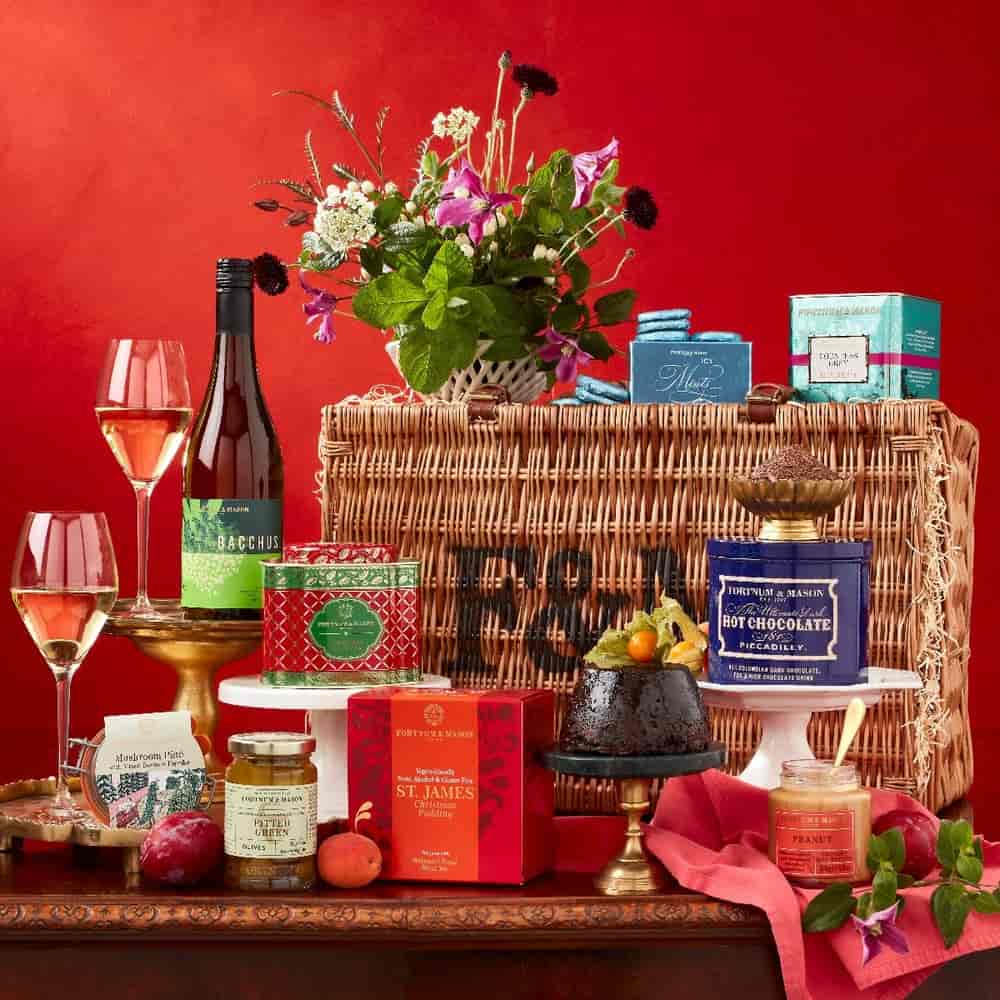 Fortnum and Mason vegan Christmas hamper showing vegan Christmas pudding, wine, spreads and more