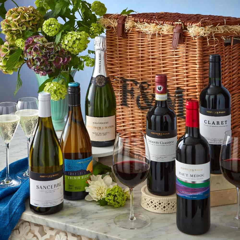 Vegan wine hamper showing six different bottles of wine