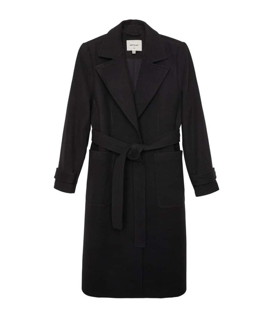 Black vegan wool coat with waist tie