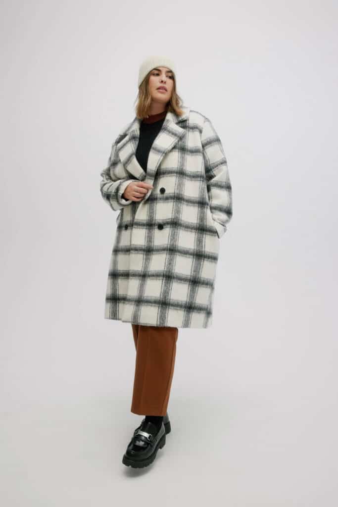 Cream checkered plus size vegan wool coat