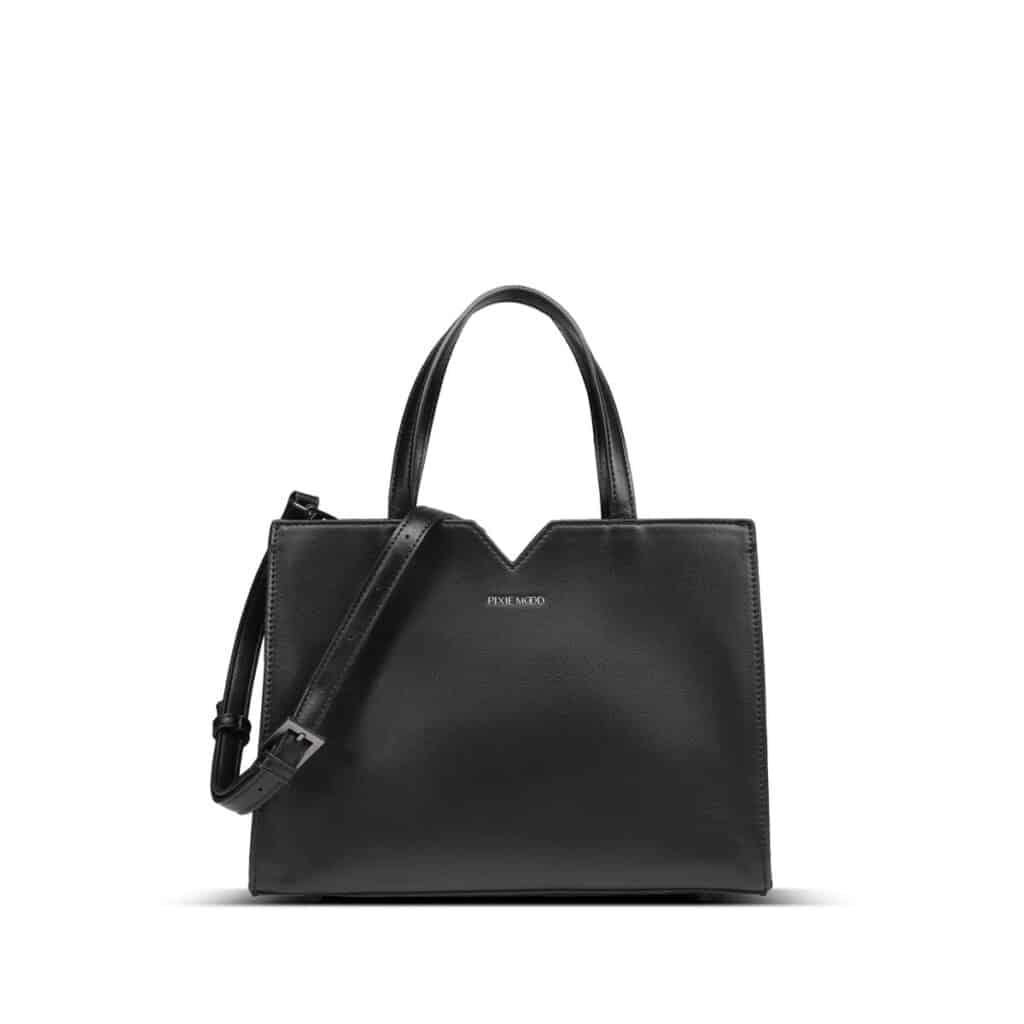 Black vegan leather satchel with detachable long handle and shorter handle
