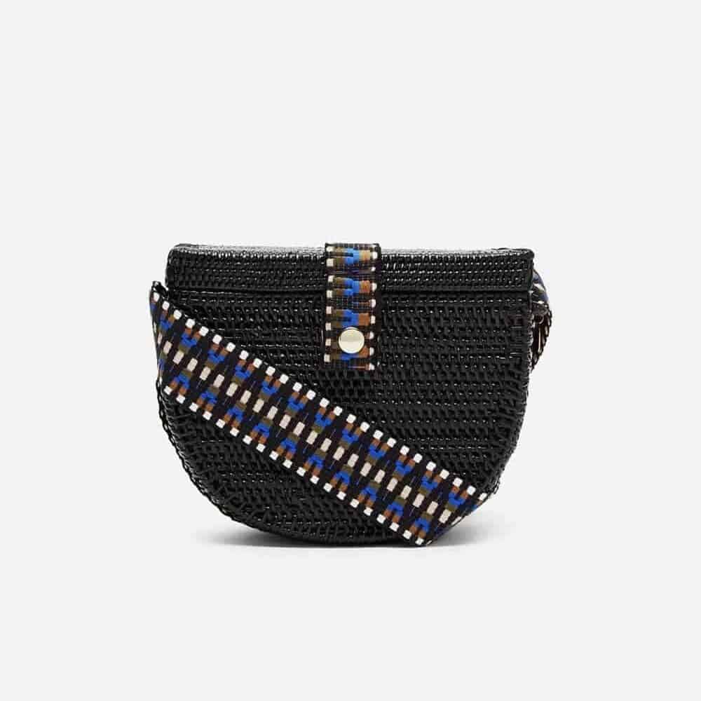 Black woven satchel with jacquard trim