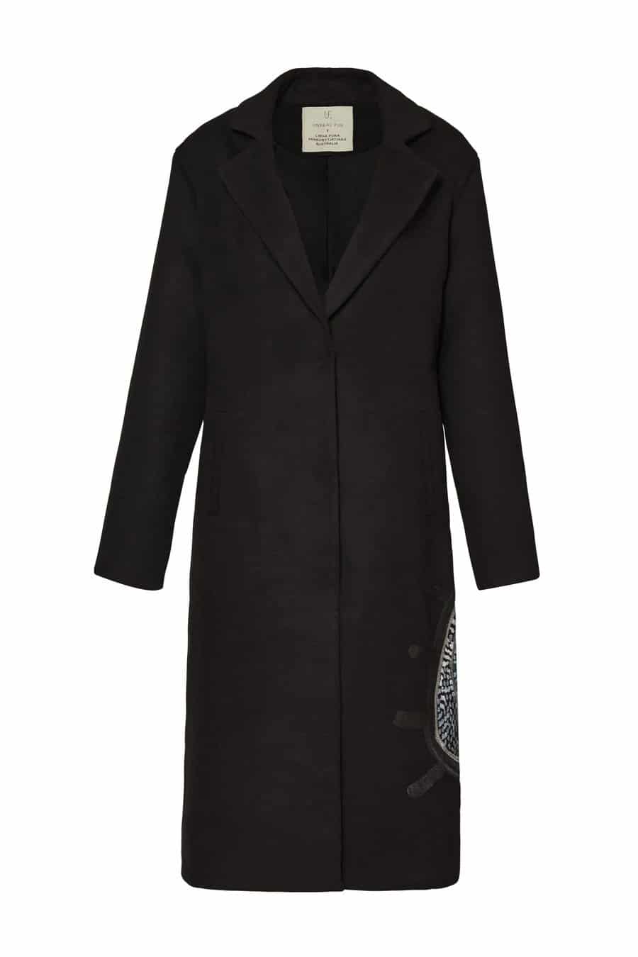 Unreal Fur black vegan wool coat with embroidery on the back, front shown only