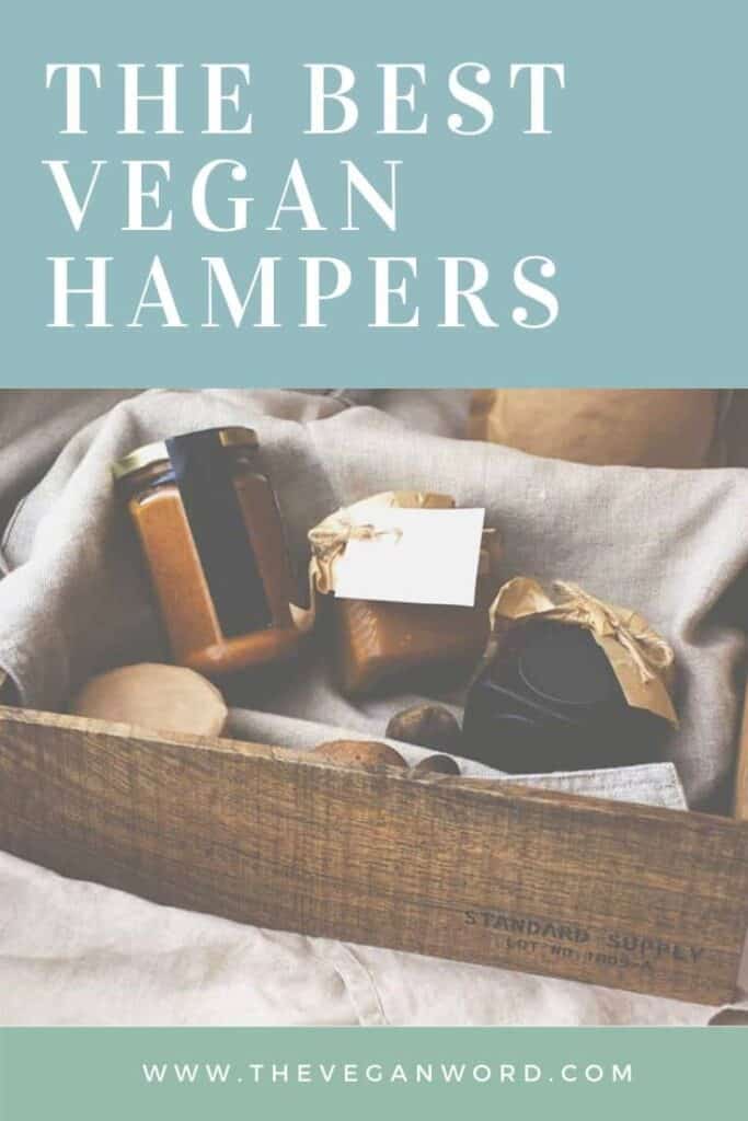 Pinterest image showing wicker basket containing jars of homemade preserves with text "the best vegan hampers"