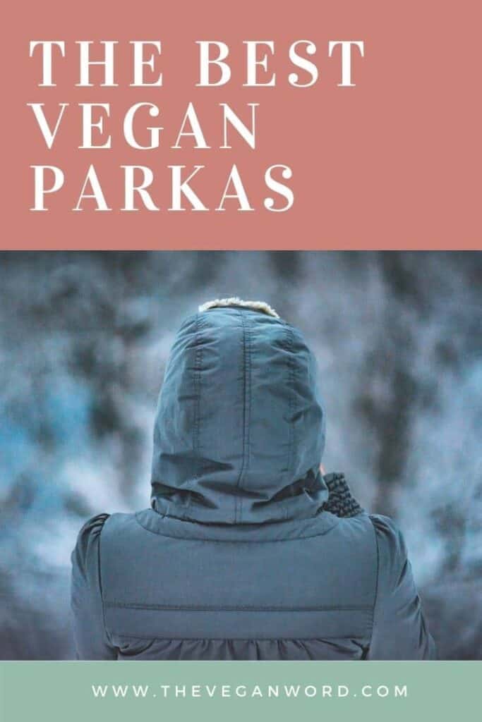 Shot from behind of person wearing blue parka with text "the best vegan parkas"
