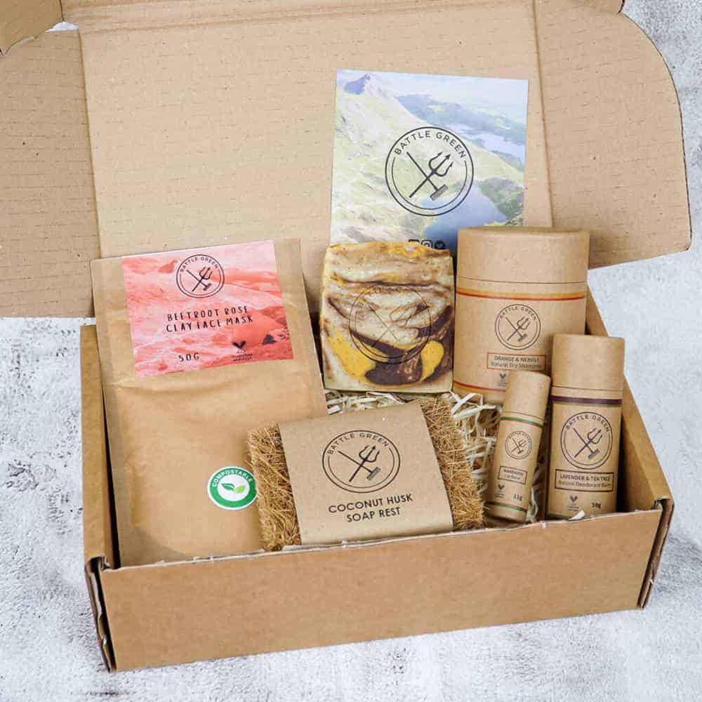 Cardboard box containing zero waste vegan toiletries
