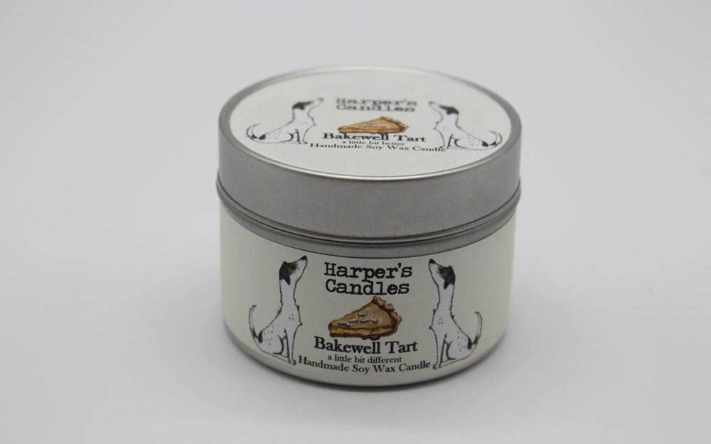 Harpers vegan candle in Bakewell scent in metal jar in silver colour