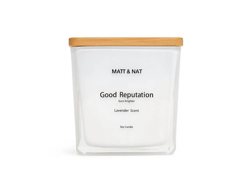 Matt and Nat candle called Good Reputation in square glass jar with wooden lid