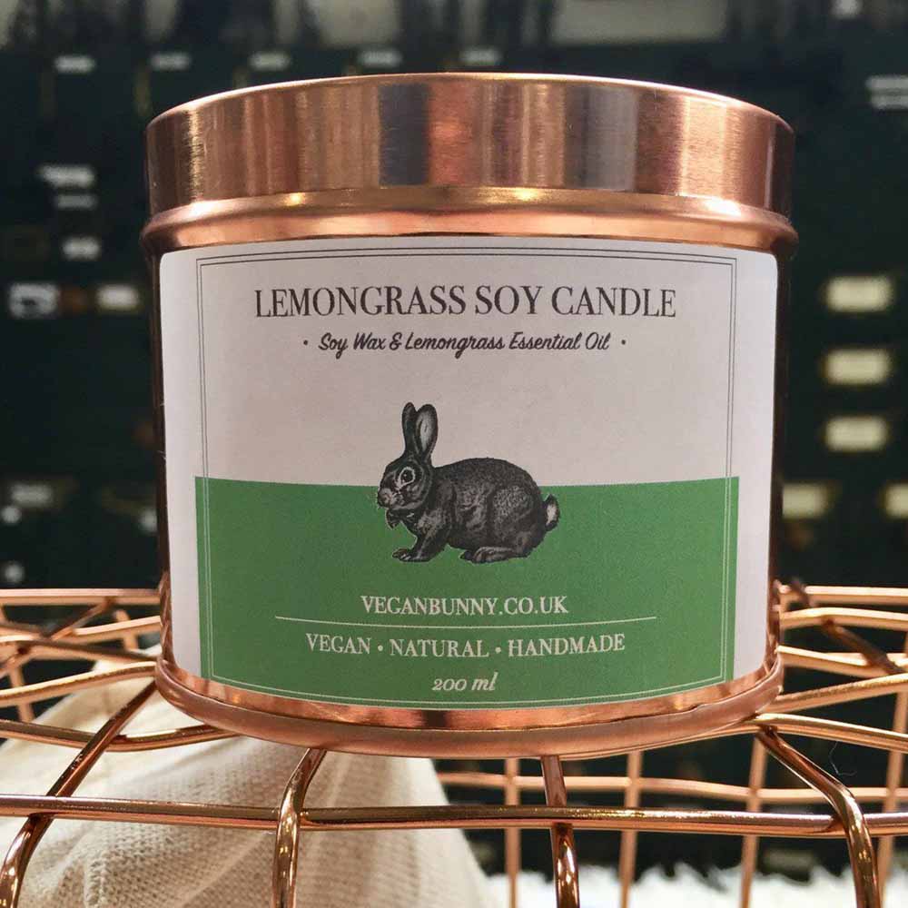 Vegan Bunny soy wax vegan candle in lemongrass scent in copper tone metal jar