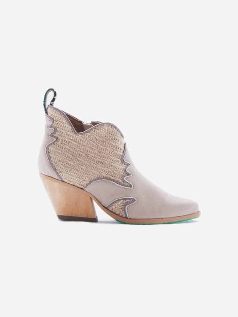 Taupe coloured vegan apple leather and jute ankle boots with pattern and block wooden heel