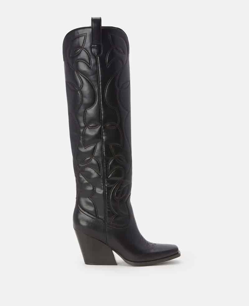 Tall black vegan leather Cowboy boots with stitched pattern and chunky heel from Stella McCartney
