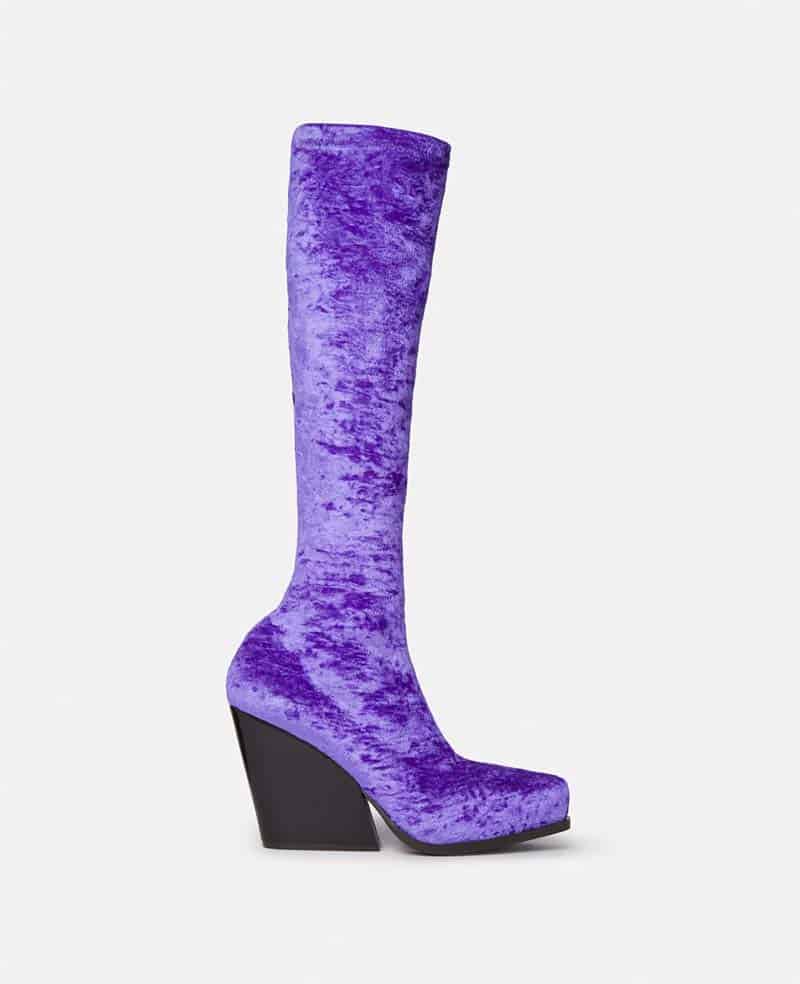 Violet velvet knee high boots with chunky heel