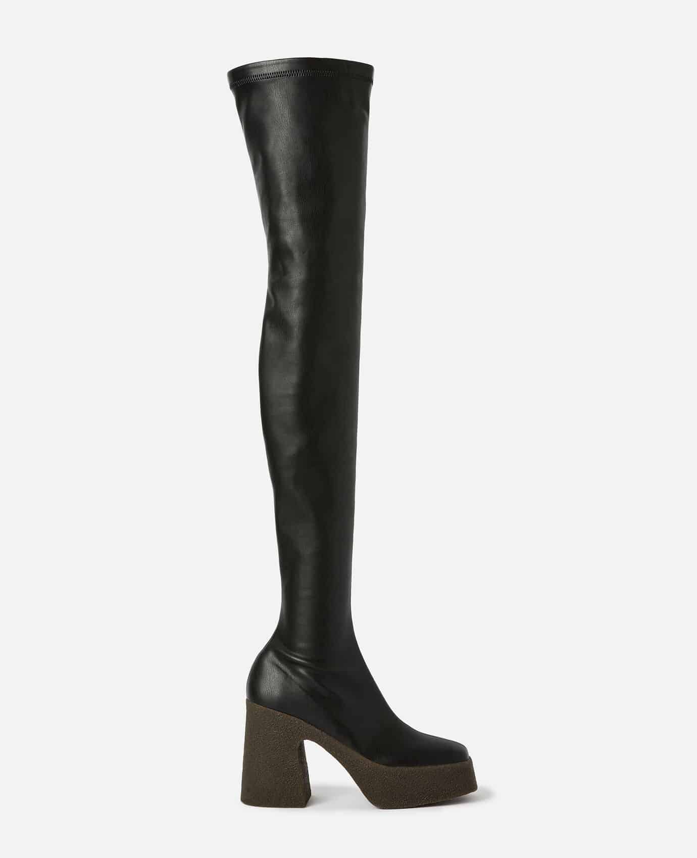 Black vegan leather over the knee boots with chunky heel