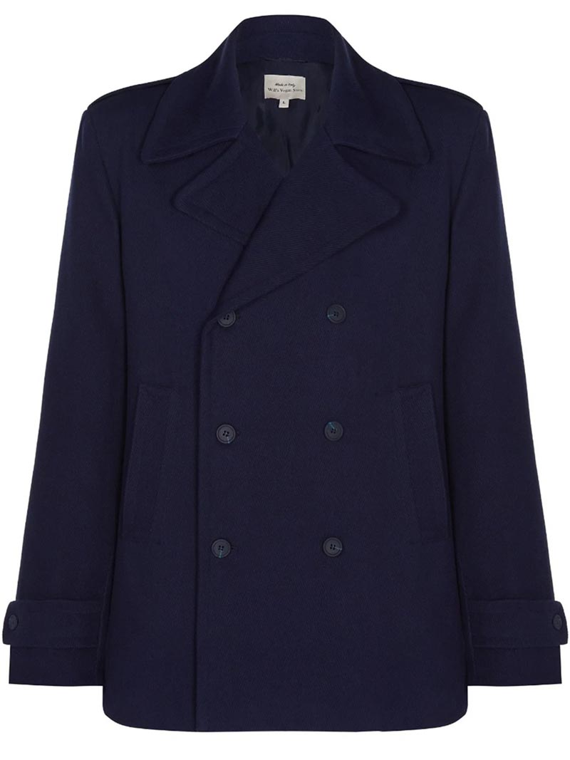 Dark blue double breasted vegan pea coat with 6 buttons