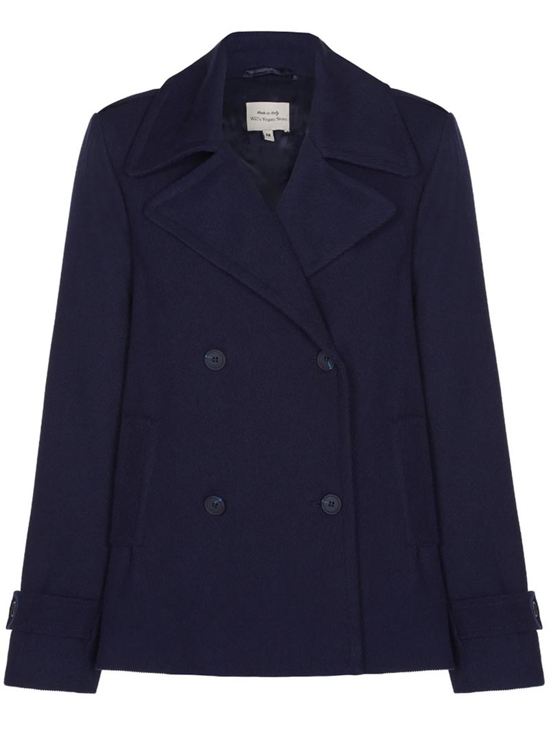 Navy blue womens double breasted vegan pea coat from WIll's