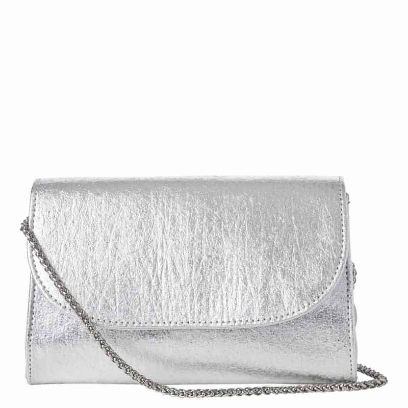 Silver vegan pineapple leather clutch with silver metal chain stra