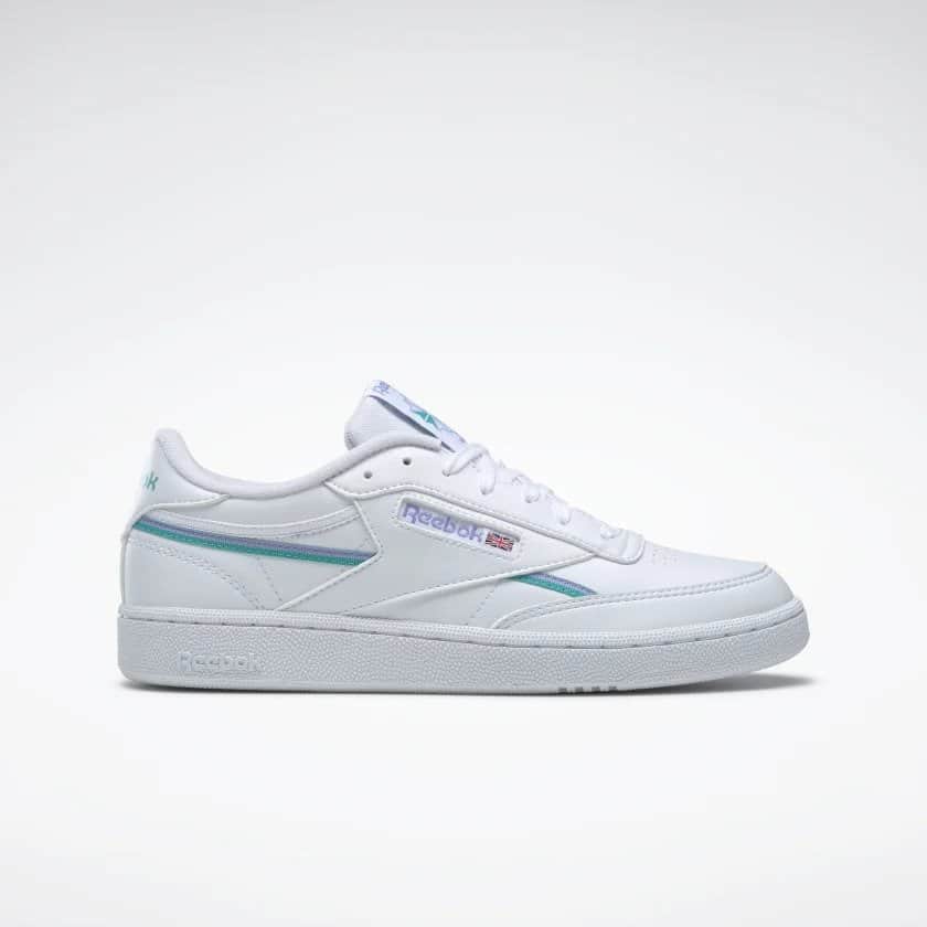 Reebok vegan leather Club C 85 womens trainers, white vegan leather with lilac and teal stripes