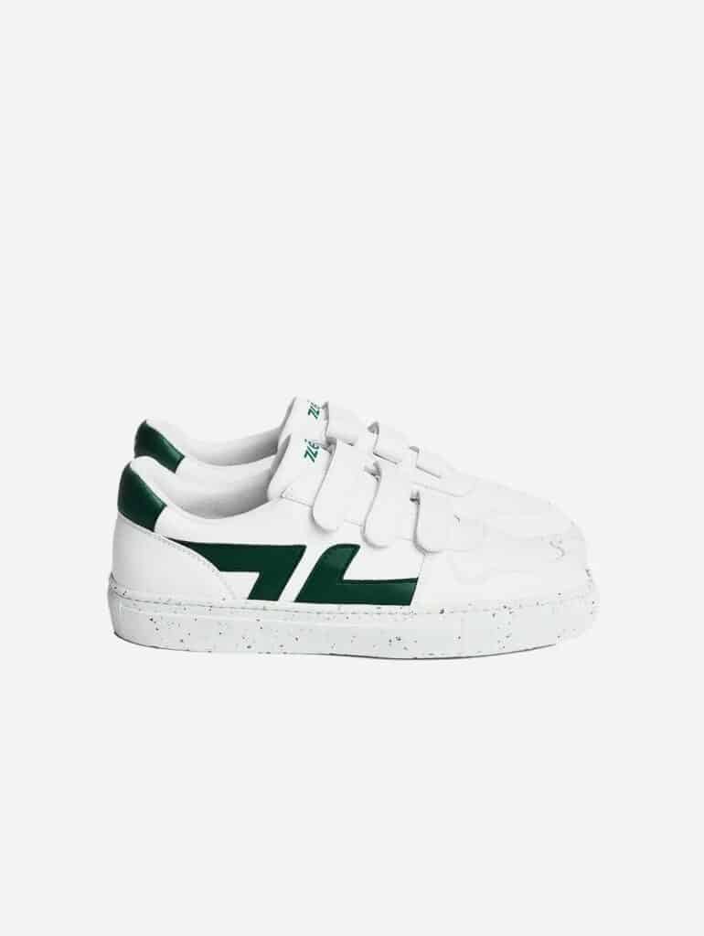 Vegan white leather Zeta sneakers with velcro closure and green stripes