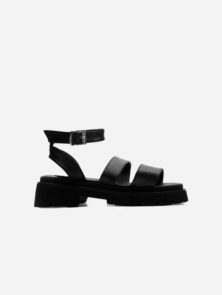 Chunky soled strappy vegan black leather cactus leather sandals with ankle strap