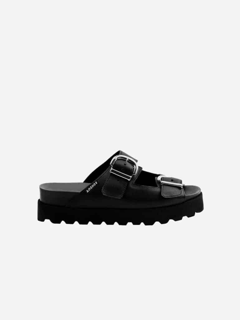 Chunky soled vegan black cactus leather slides with buckle straps