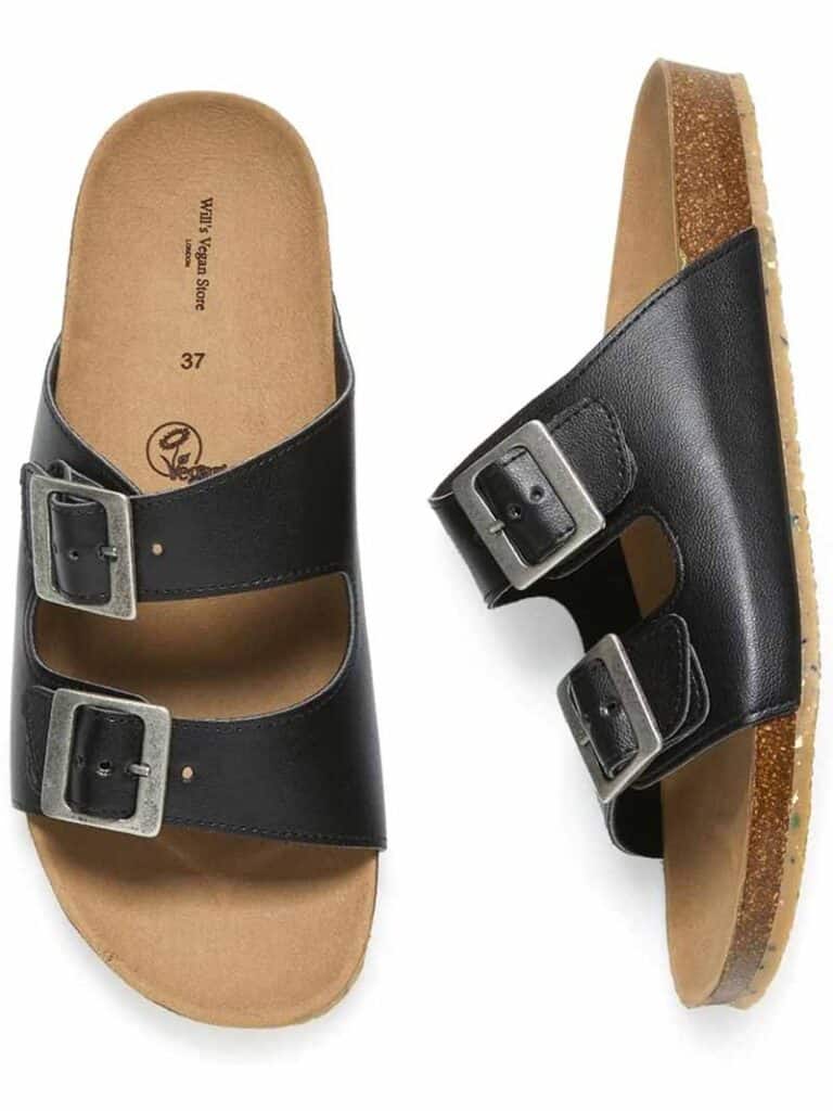 Black vegan leather two strap footbed sandals (women's) from Will's