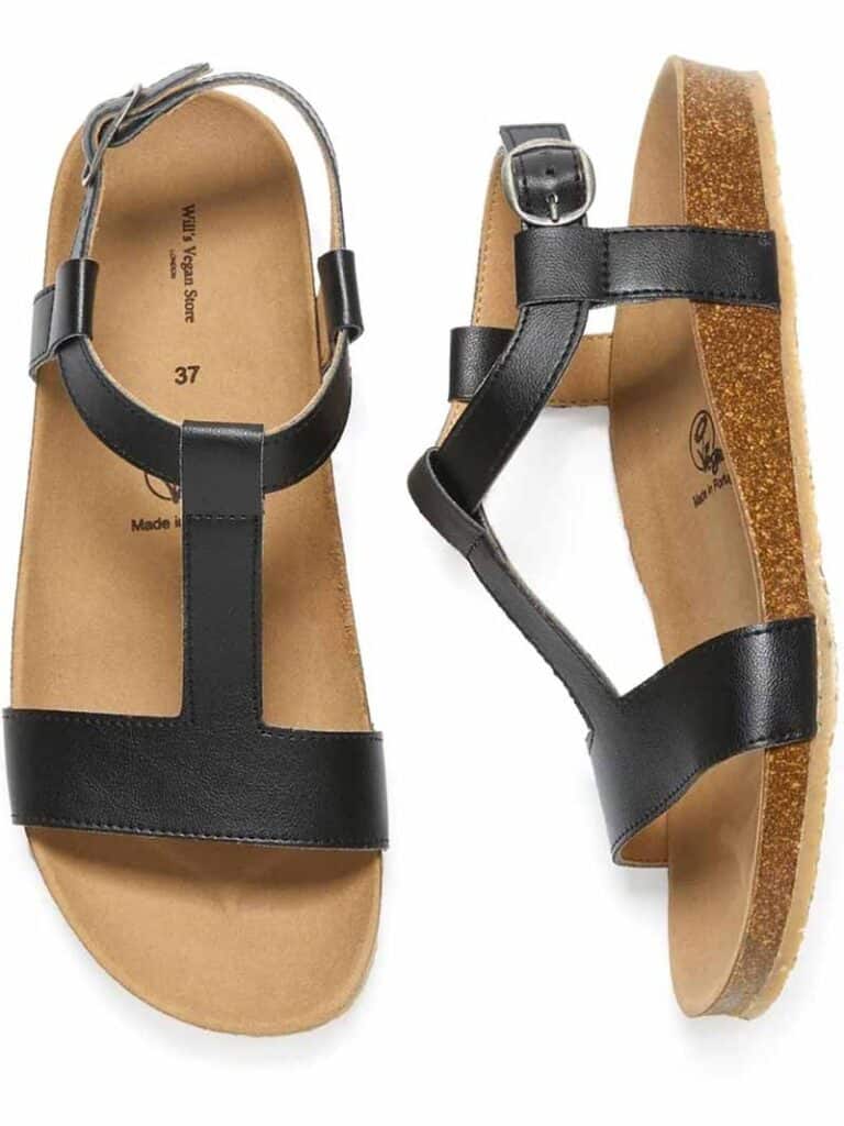 Black vegan leather footbed sandals with single strap and ankle strap from WIll's (women's)