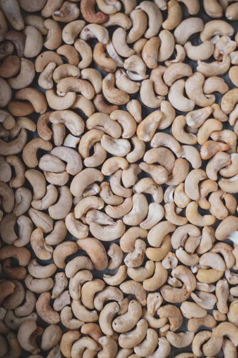 Cashews spread out over surface
