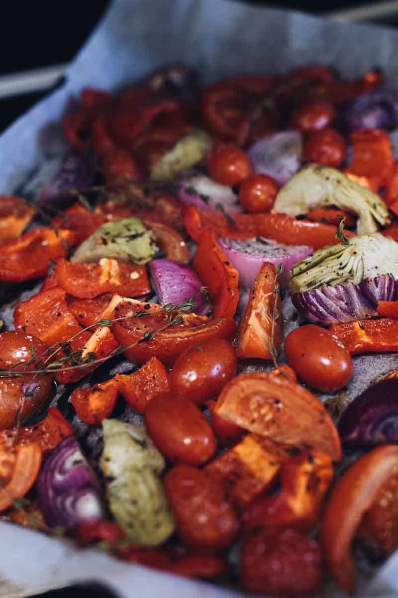 Tray of roast vegetables