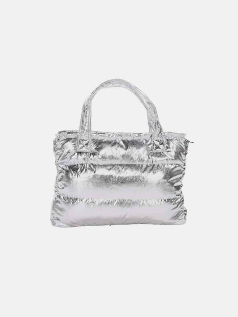 Silver puffer tote bag made of recycled vegan leather