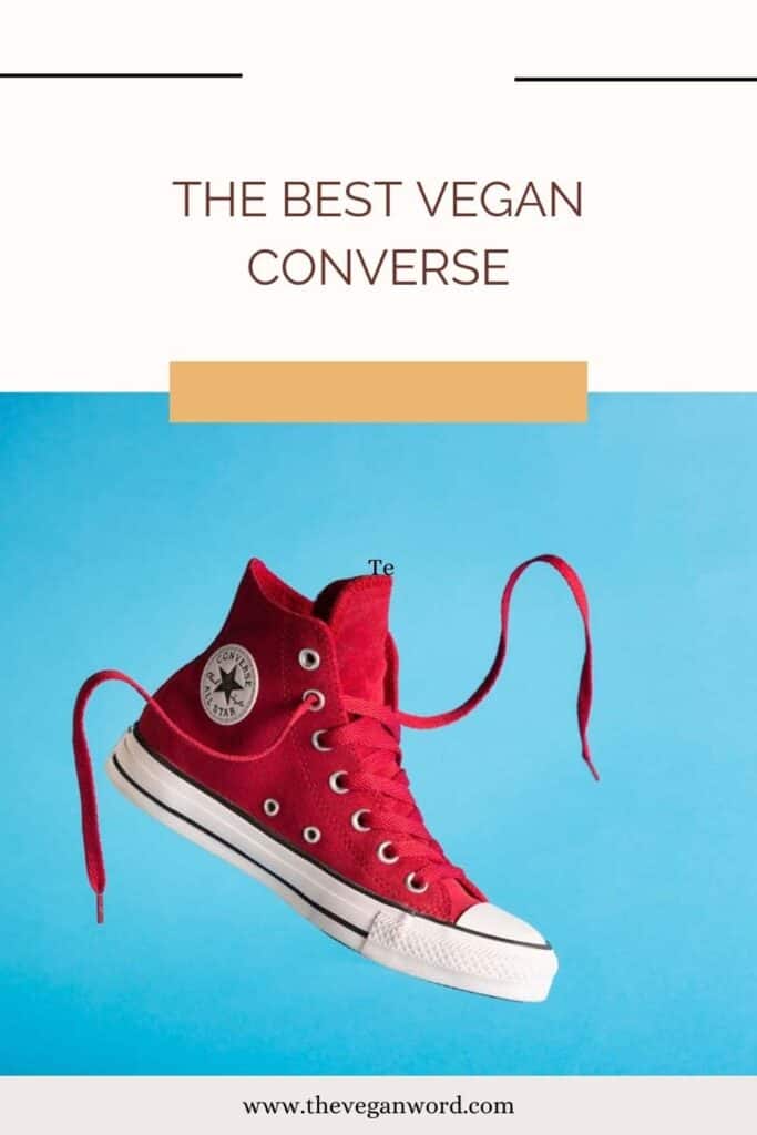 Pinterest image showing Red Converse high tops on a blue background with text "the best vegan Converse"