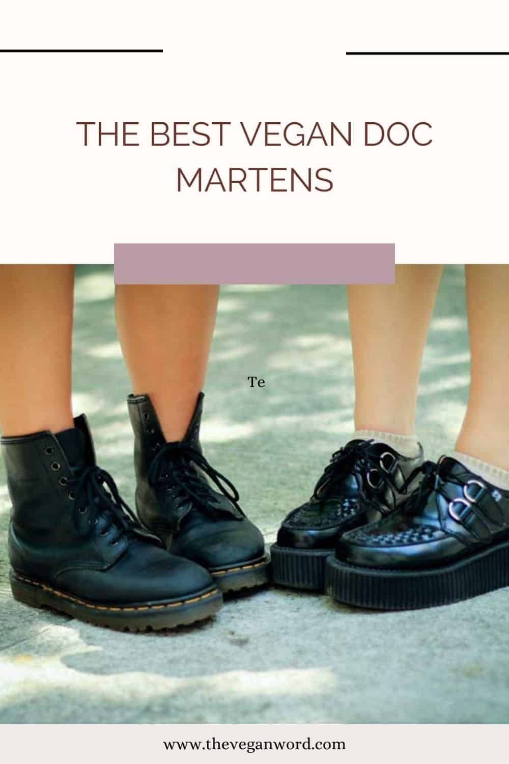 Pinterest image showing Two people wearing black Doc Martens boots and text "the best vegan doc martens"